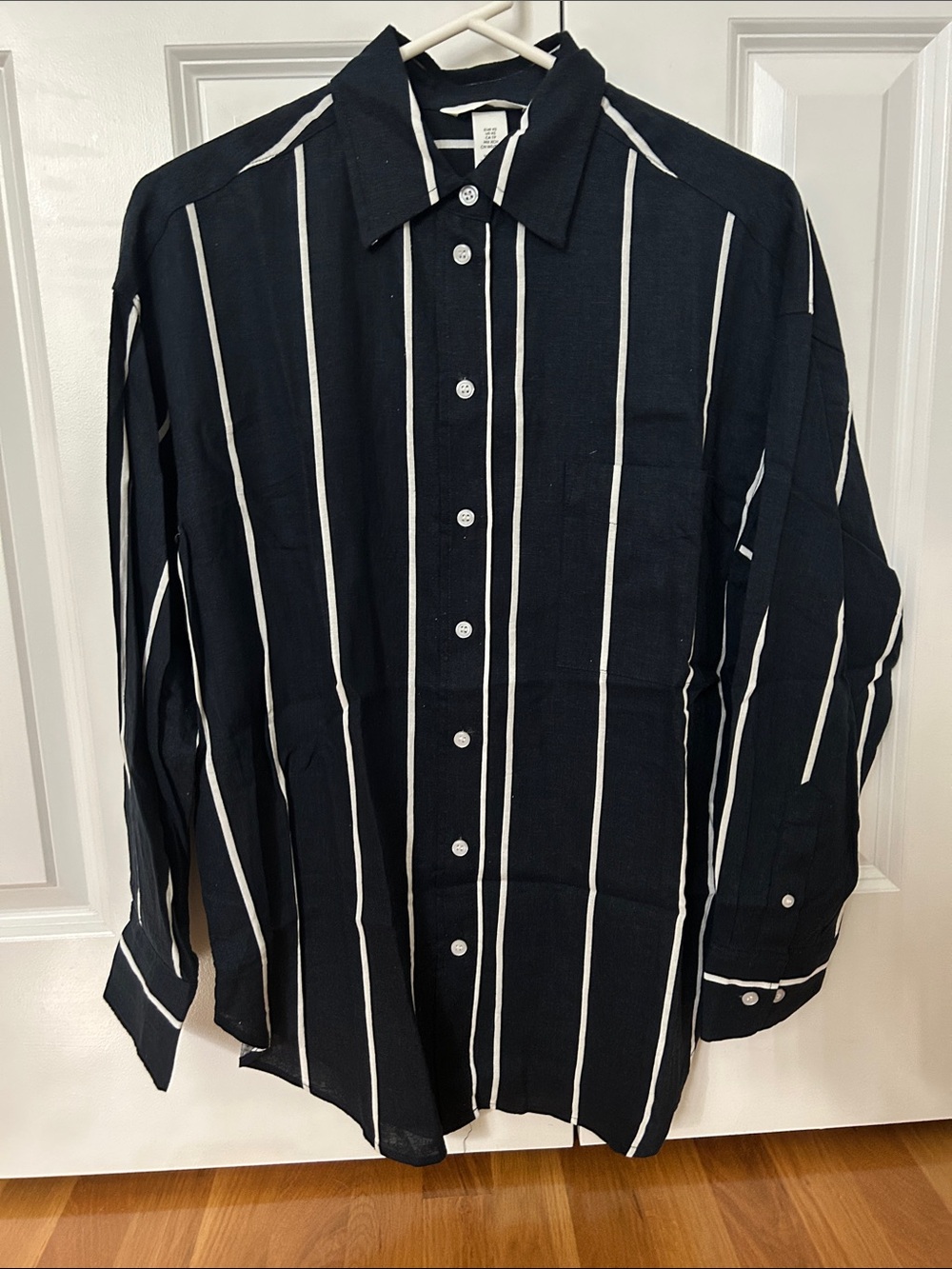 HM Linen Blend Navy and White Striped Button Down Shirt - NWOT